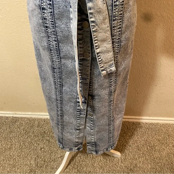 VENUS Button Front Light Blue 1/2 Sleeve Midi Denim Tie Waist Dress Size 2 - Picture 4 of 14